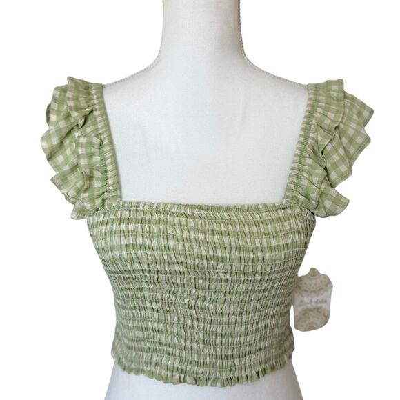 NWT Altar’d State Green Gingham Smocked Ruffle Sleeve Top | Medium - Picture 1 of 4